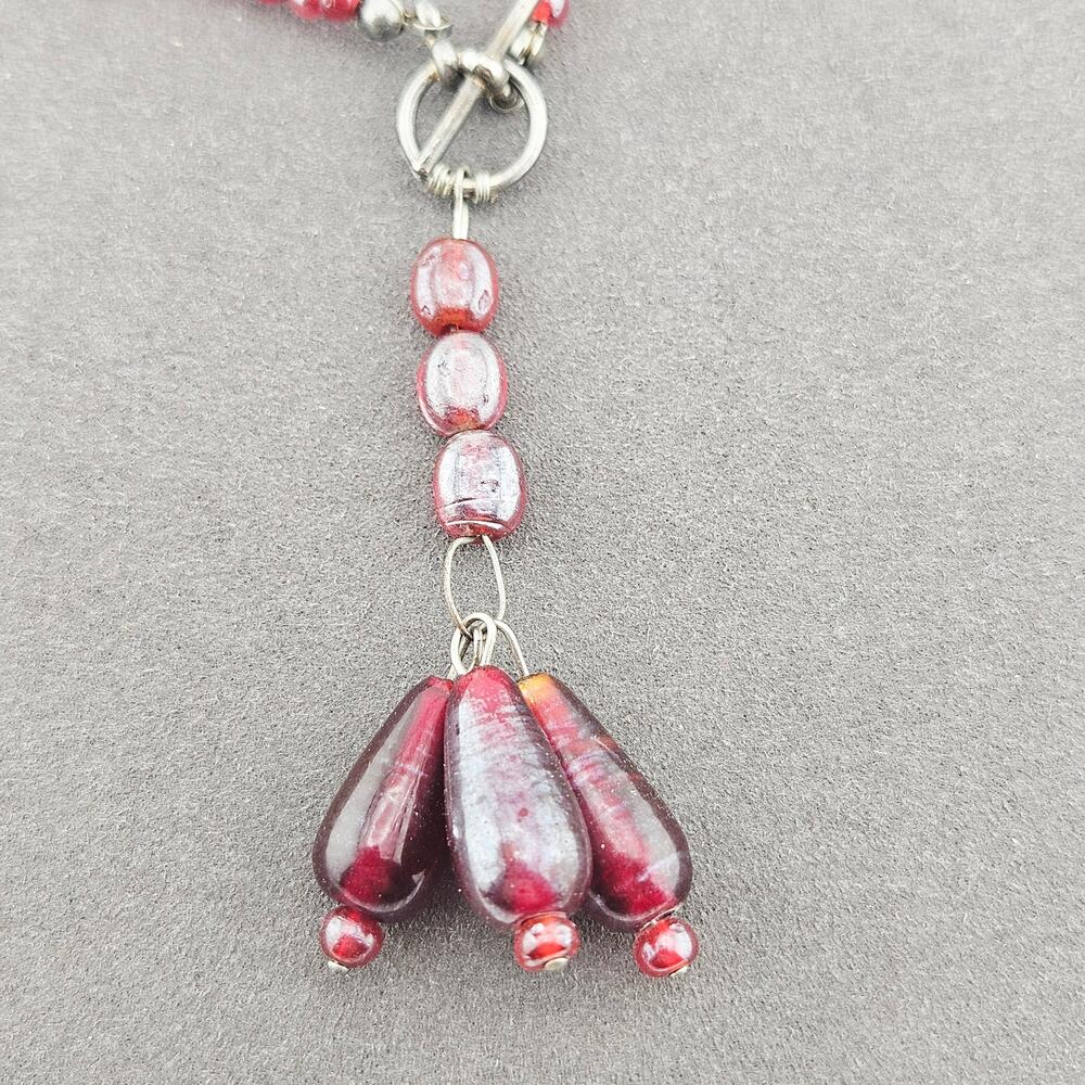 Red Beaded Floral Drop Necklace Iridescent Shimmer Fairycore Feminine - Picture 2 of 5